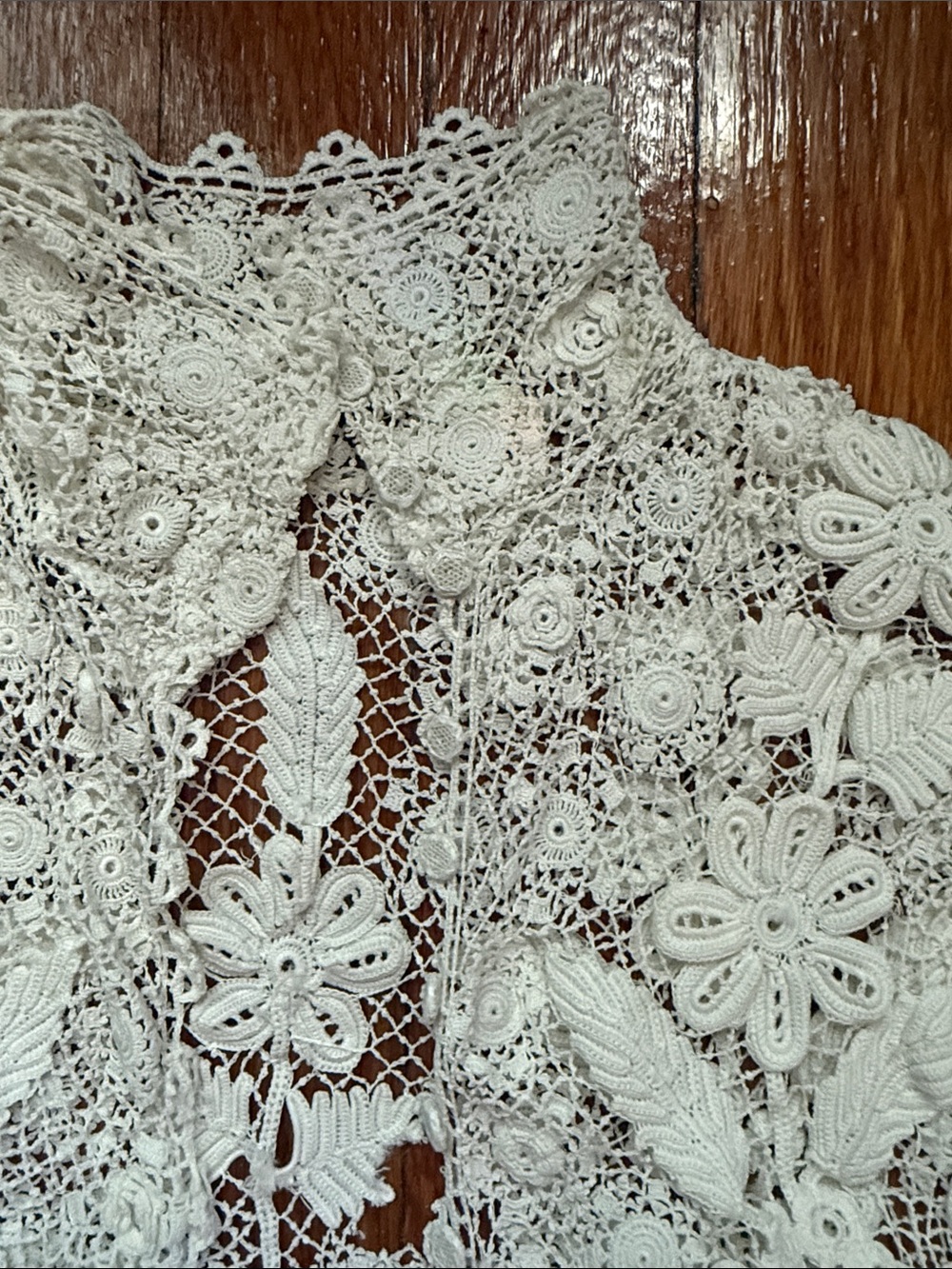 Vintage antique Irish lace high collar, micro crochet long sleeve project piece